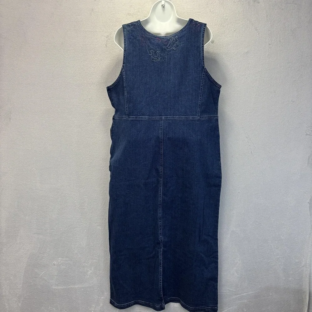Vintage 90s Denim Painted Maxi Dress Womens XL Blue Floral Embroidered Artsy